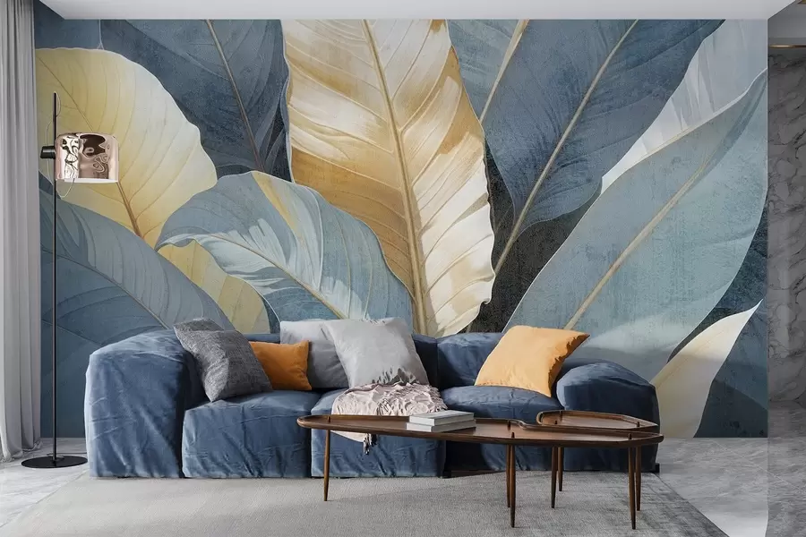 τοιχογραφίες Μια κοντινή άποψη μεγάλων πλούσιων, διακοσμητικών τροπικών φύλλων με υφή σε αποχρώσεις του μπλε, του πράσινου και του κίτρινου w08373