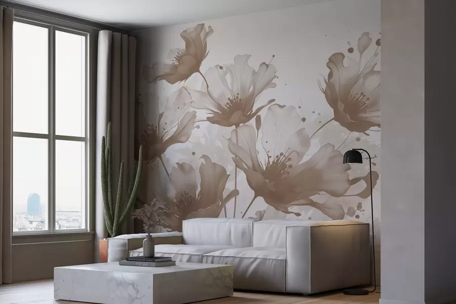 τοιχογραφίες Λεπτά καφέ λουλούδια με μαλακά, θολά πέταλα και πιτσιλιές ακουαρέλας σε ανοιχτόχρωμο φόντο w08376v1