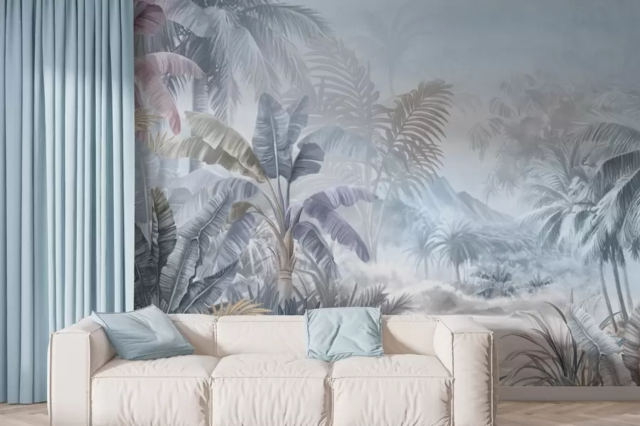 τοιχογραφίες Τροπικό δάσος σε απαλές μπλε αποχρώσεις w01931