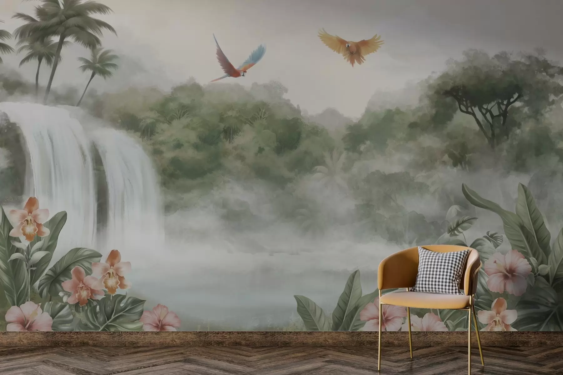 τοιχογραφίες Τροπικό τοπίο με καταρράκτη, λίμνη, λουλούδια και πουλιά w02127