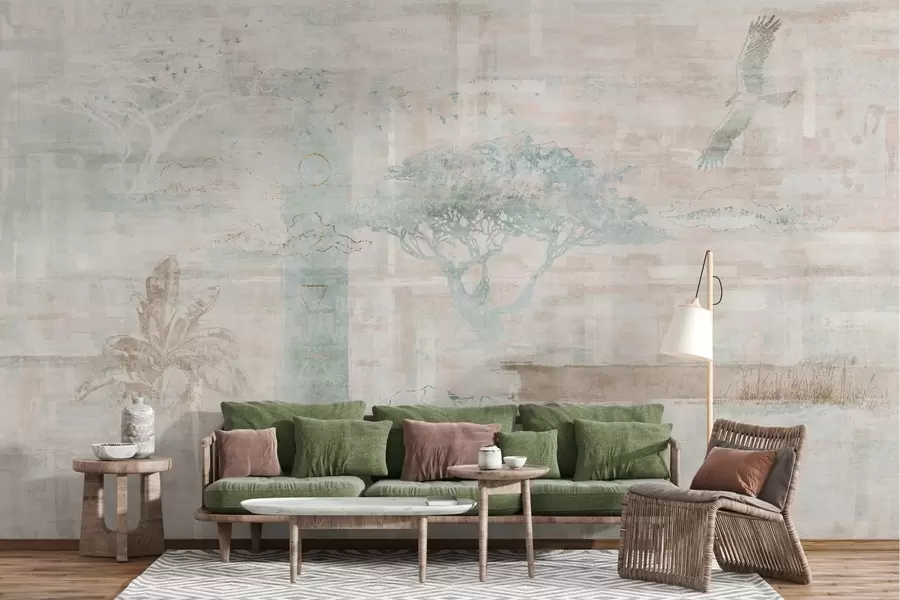 τοιχογραφίες Vintage grunge σχέδιο με δέντρα, αετό και γεωμετρικά στοιχεία w02130