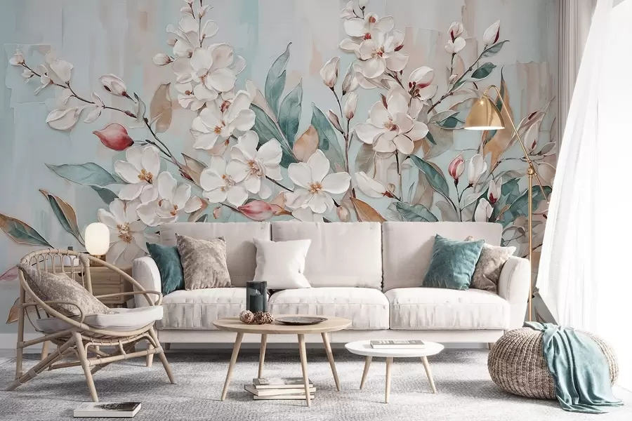 τοιχογραφίες Floral παστέλ ντελικάτα λευκά λουλούδια με ροζ κέντρα, που περιβάλλονται από πλούσια πράσινα φύλλα και κλαδιά w08399