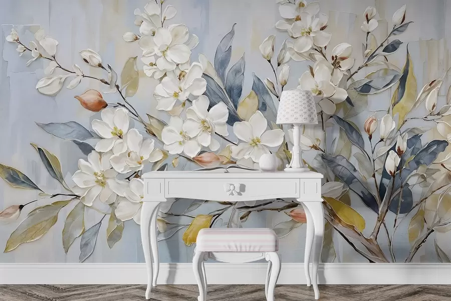 τοιχογραφίες Floral παστέλ λεπτεπίλεπτα λευκά λουλούδια με κίτρινα κέντρα, που περιβάλλονται από πλούσια πράσινα φύλλα και κλαδιά w08399v1