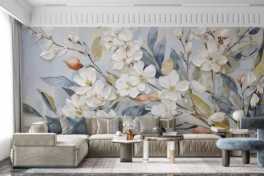 τοιχογραφίες Floral παστέλ λεπτεπίλεπτα λευκά λουλούδια με κίτρινα κέντρα, που περιβάλλονται από πλούσια πράσινα φύλλα και κλαδιά w08399v1