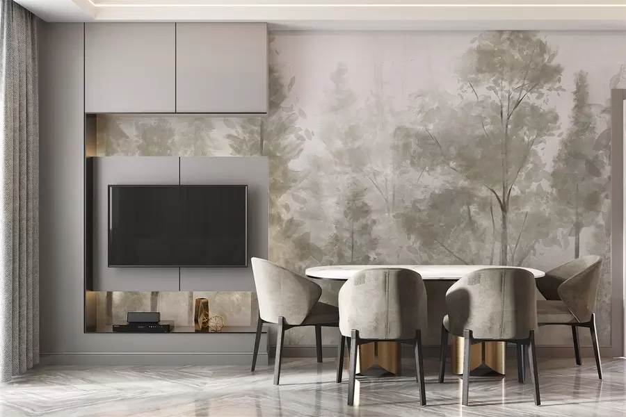 τοιχογραφίες Ψηλά πεύκα σε ένα ομιχλώδες δάσος, με ομιχλώδη, θολή ατμόσφαιρα w08411