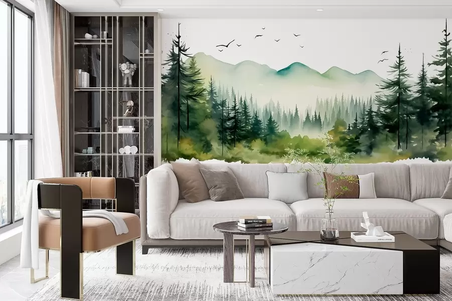 τοιχογραφίες Ακουαρέλα δάσος και ορεινά τοπία, πράσινη παλέτα χρωμάτων  w02150
