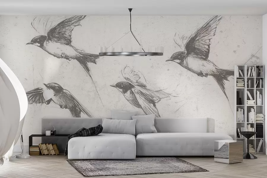 τοιχογραφίες Ιπτάμενα πουλιά, σχέδιο με μελάνι, μινιμαλισμός, γκρι χρώματα w02155