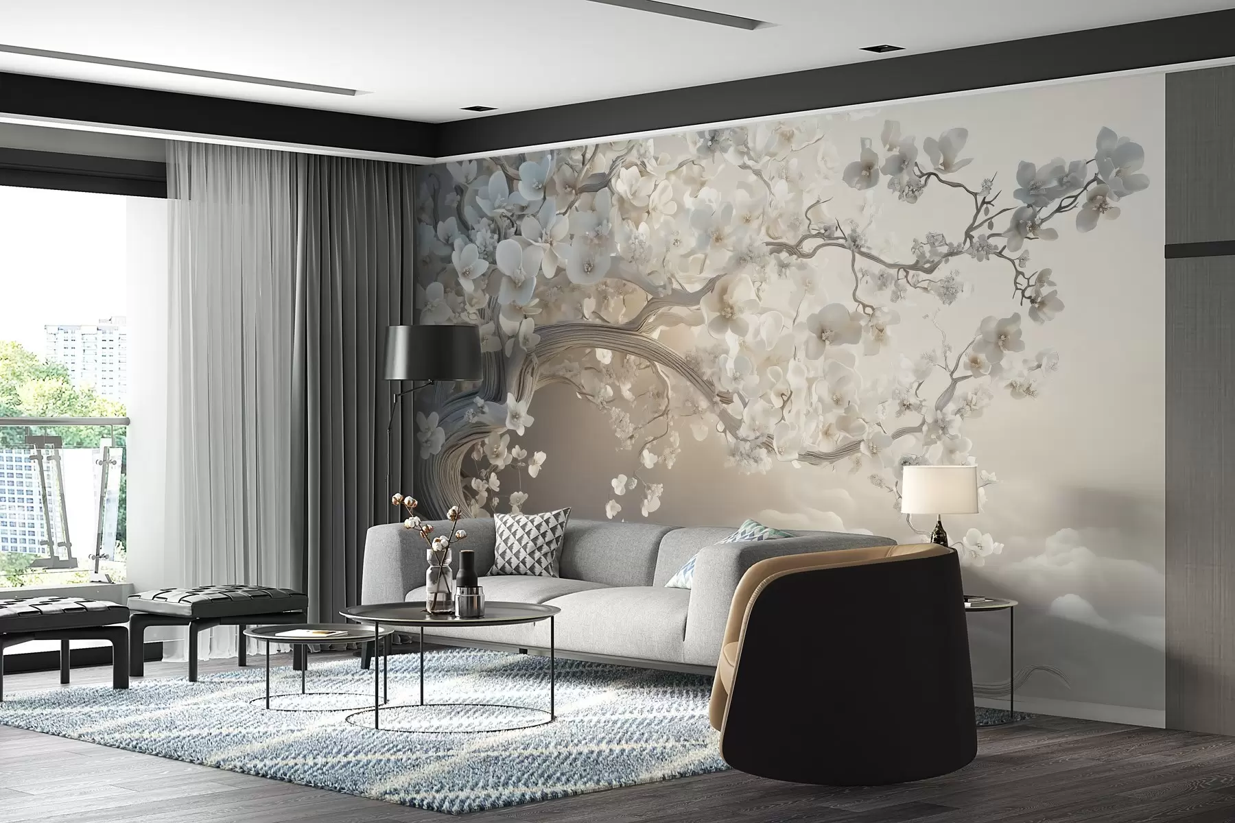 τοιχογραφίες Ένα γοητευτικό δέντρο με λευκά λουλούδια στο φόντο των σύννεφων σε ένα ενδιαφέρον στυλ σε ευαίσθητα ζεστά χρώματα w02133