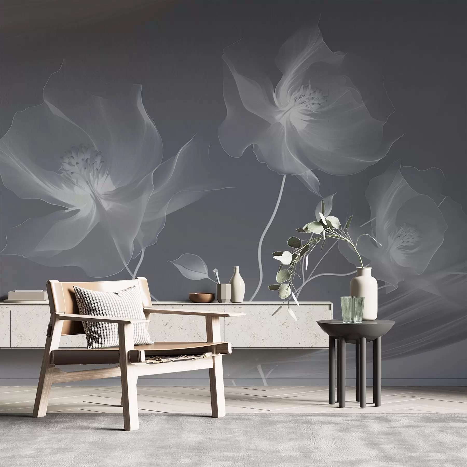 τοιχογραφίες Τρία χαριτωμένα λουλούδια με ημιδιαφανή πέταλα, πλεγμένα με κορδέλες φωτός και ανέμου σε μπλε αποχρώσεις w01932v2