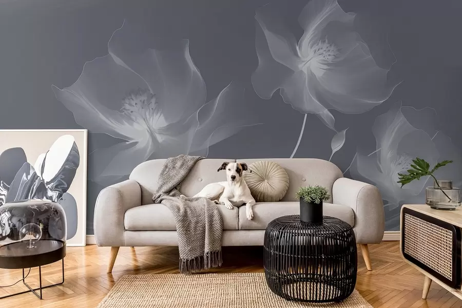 τοιχογραφίες Τρία χαριτωμένα λουλούδια με ημιδιαφανή πέταλα, πλεγμένα με κορδέλες φωτός και ανέμου σε μπλε αποχρώσεις w01932v2