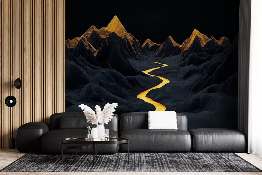 τοιχογραφίες Πολυγωνικό μαύρο τοπίο και ένα ποτάμι ανάμεσα στα βουνά w02063