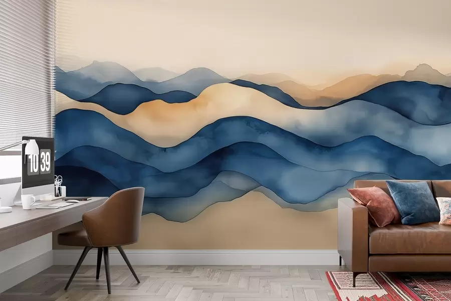 τοιχογραφίες Αφηρημένα μπλε-μπεζ κύματα που θυμίζουν βουνά w02196