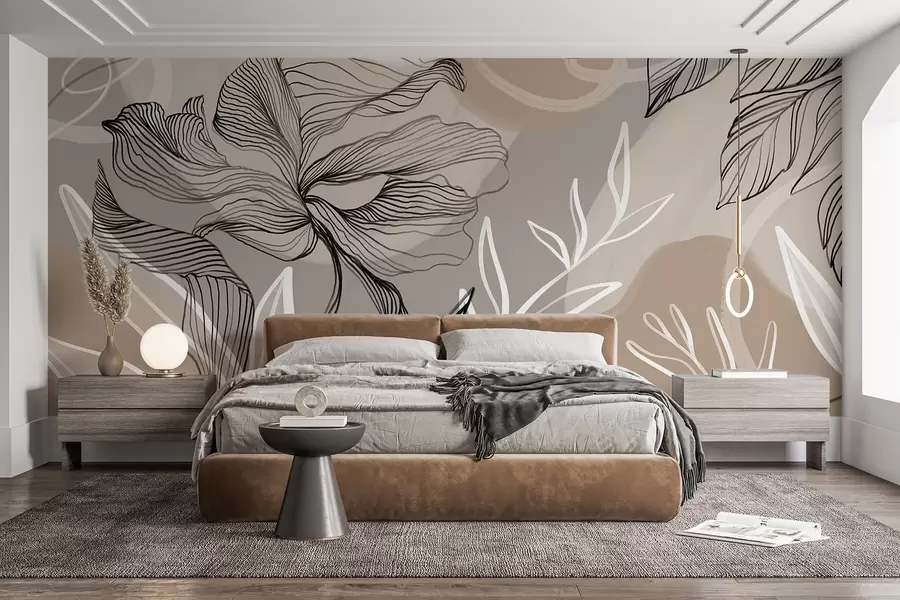 τοιχογραφίες Κομψό floral print με μεγάλα αφηρημένα λουλούδια και φύλλα σε αποχρώσεις του γκρι και του μπεζ σε ανοιχτό φόντο w08413