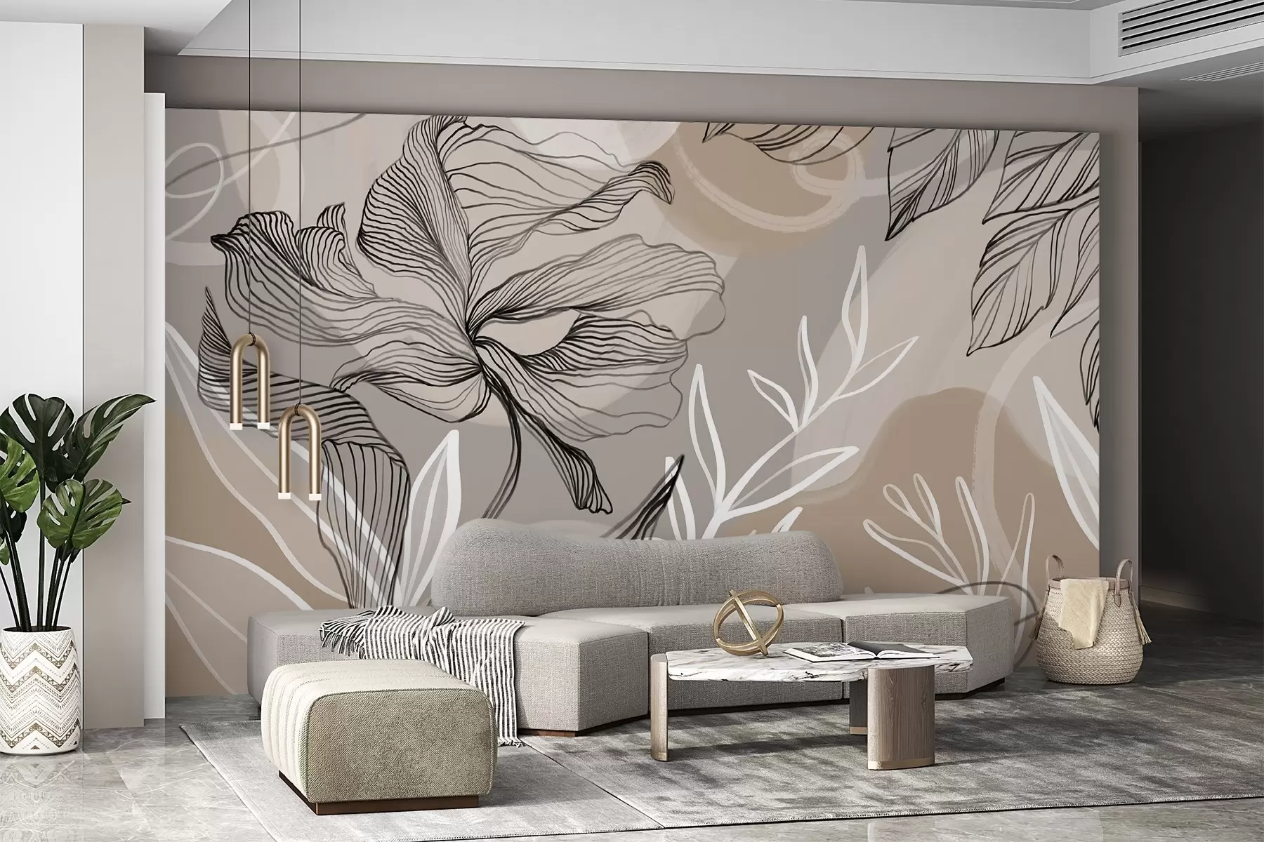 τοιχογραφίες Κομψό floral print με μεγάλα αφηρημένα λουλούδια και φύλλα σε αποχρώσεις του γκρι και του μπεζ σε ανοιχτό φόντο w08413