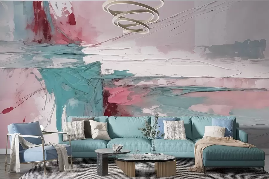 τοιχογραφίες Μινιμαλιστική αφηρημένη σύνθεση τέχνης με έντονες πινελιές ροζ, μπλε και λευκού χρώματος  w08414v1