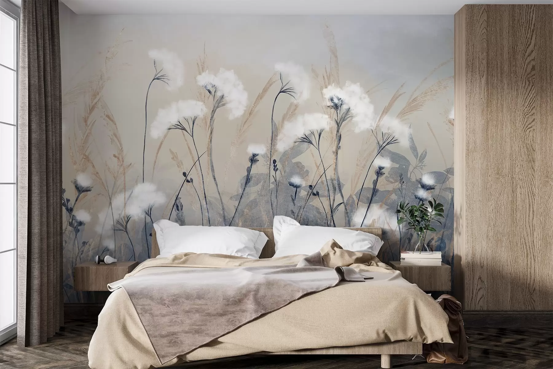 τοιχογραφίες Χνουδωτό λευκό βαμβακερό γρασίδι σε θολό φόντο, με απαλή, θολή και γαλήνια ατμόσφαιρα w08416