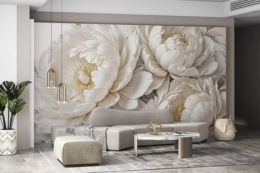 τοιχογραφίες Ντελικάτες παστέλ λευκές παιώνιες με πλούσιο φύλλωμα σε απαλό, ουδέτερο φόντο w08420