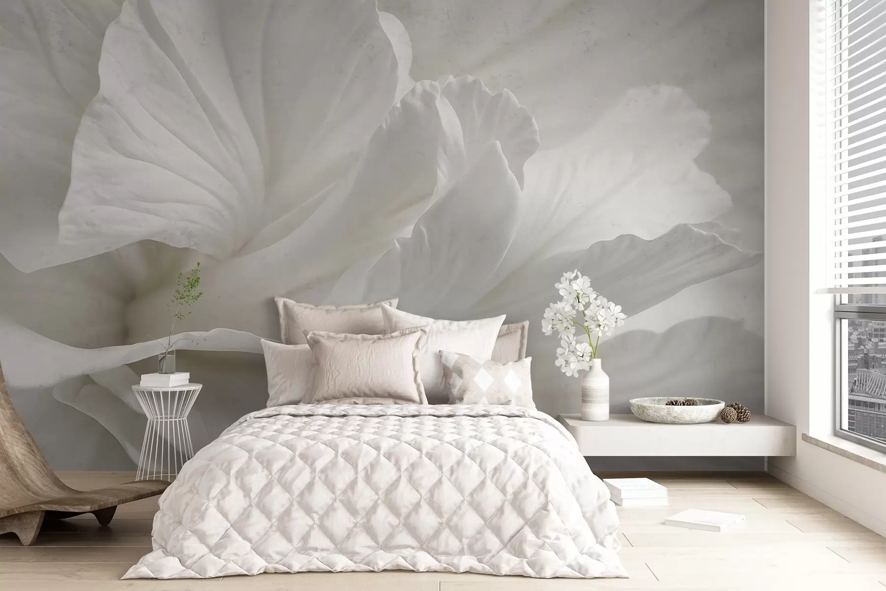 τοιχογραφίες Αφηρημένη μινιμαλιστική εκτύπωση λεπτεπίλεπτου λευκού λουλουδιού με απαλά, βελούδινα πέταλα w08424