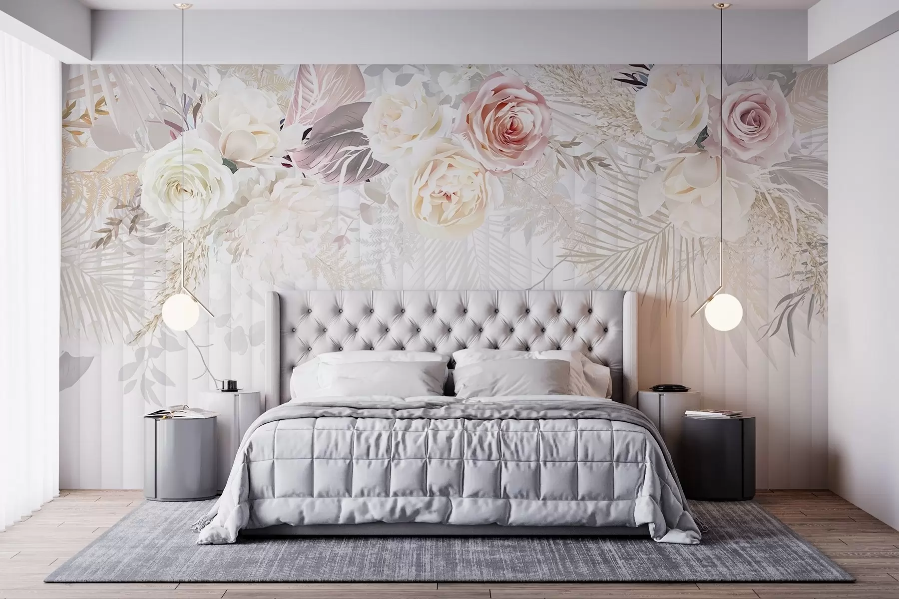 τοιχογραφίες Μια ανθοσύνθεση με ροζ και λευκά τριαντάφυλλα, φύλλα φοίνικα και άλλα τροπικά φυλλώματα σε λευκό φόντο w08425