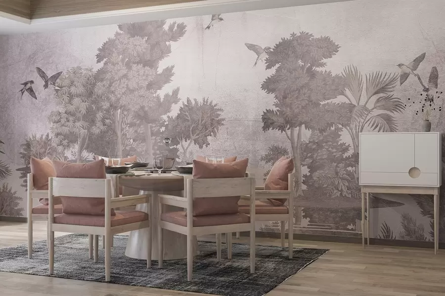 τοιχογραφίες Εκτύπωση δασικού τοπίου με μια λίμνη που περιβάλλεται από πεύκα και άλλα φυλλώματα σε μπεζ φόντο με υφή w08426