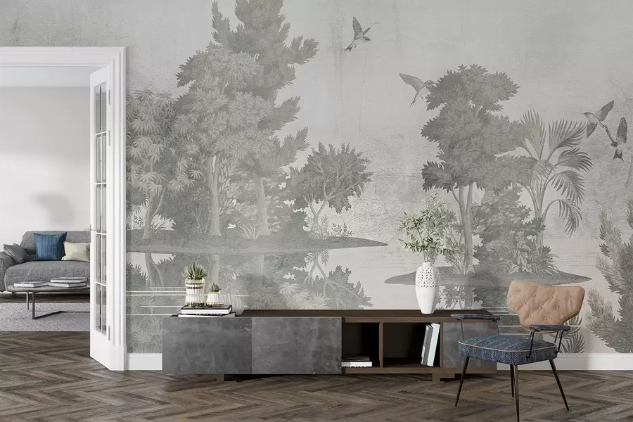 τοιχογραφίες Εκτύπωση δασικού τοπίου με μια λίμνη που περιβάλλεται από πεύκα και άλλα φυλλώματα σε πράσινο φόντο με υφή w08426v1