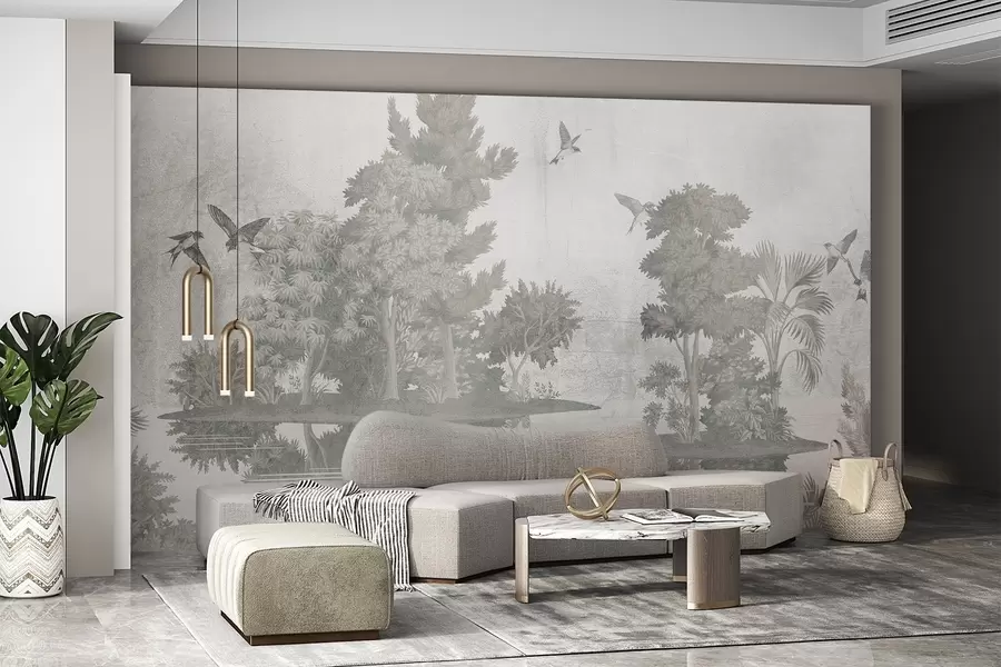 τοιχογραφίες Εκτύπωση δασικού τοπίου με μια λίμνη που περιβάλλεται από πεύκα και άλλα φυλλώματα σε πράσινο φόντο με υφή w08426v1