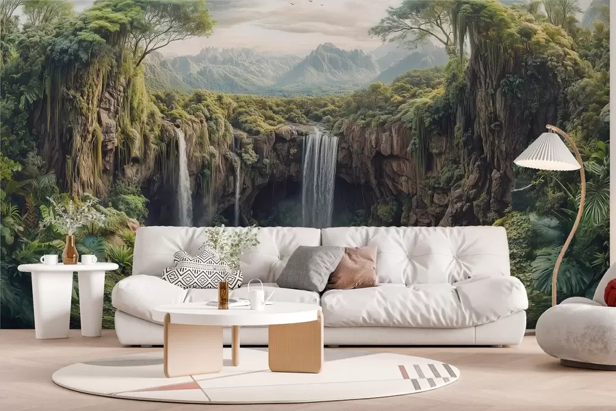 τοιχογραφίες μεγάλο πανόραμα του φαραγγιού με δέντρα και καταρράκτη w02294