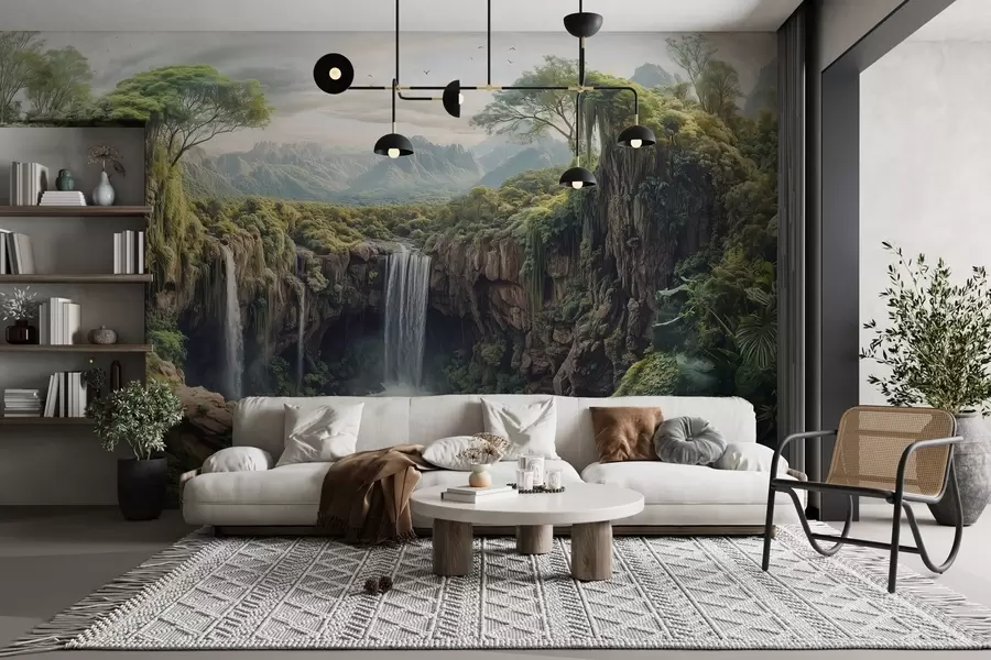 τοιχογραφίες μεγάλο πανόραμα του φαραγγιού με δέντρα και καταρράκτη w02294