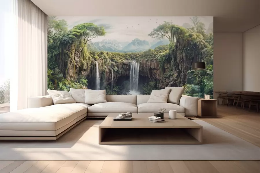 τοιχογραφίες μεγάλο πανόραμα του φαραγγιού με δέντρα και καταρράκτη w02294