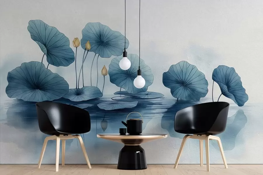 τοιχογραφίες Φύλλα λωτού πάνω από νερό σε τσιμεντένιο τοίχο w02011