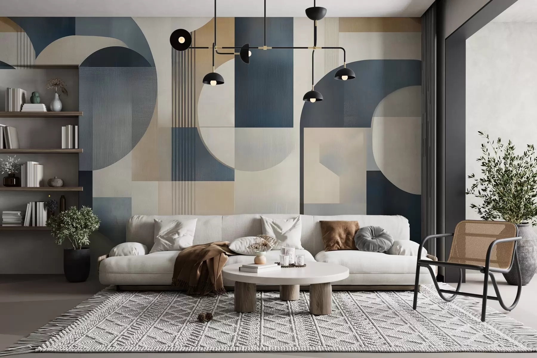 τοιχογραφίες Art Deco ταπετσαρία με γεωμετρικό μοτίβο σε μπλε, μπεζ και γαλακτώδεις αποχρώσεις w02346