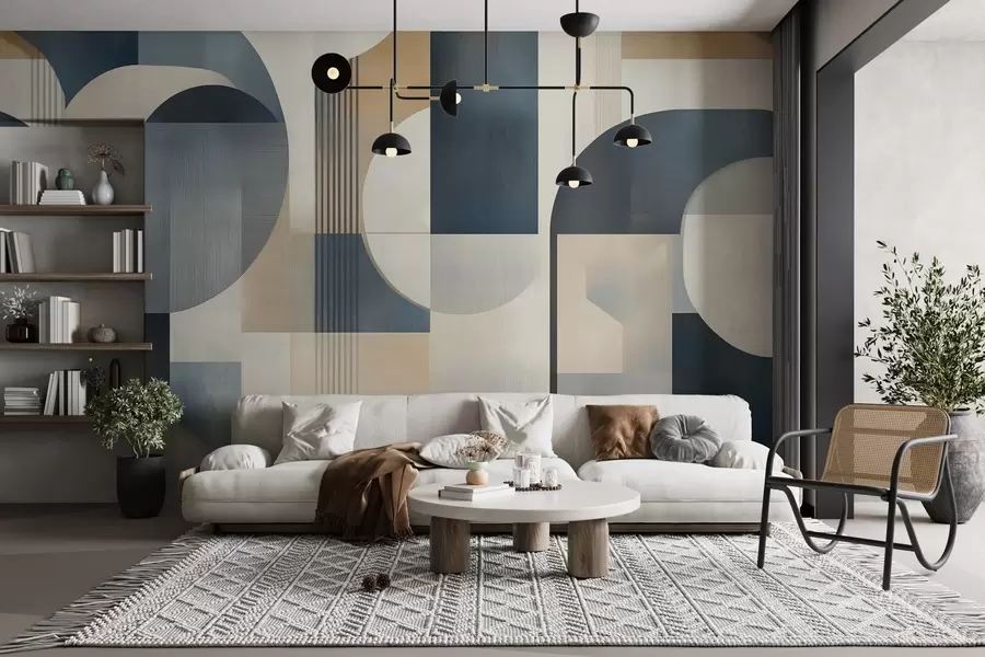 τοιχογραφίες Art Deco ταπετσαρία με γεωμετρικό μοτίβο σε μπλε, μπεζ και γαλακτώδεις αποχρώσεις w02346