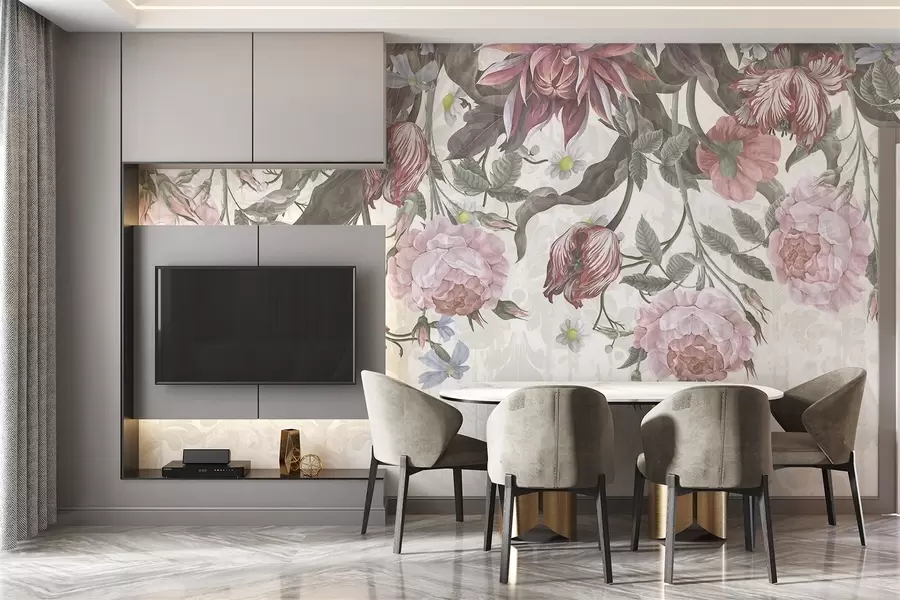 τοιχογραφίες Μια πλούσια ανθοσύνθεση με μεγάλα ροζ και λευκά λουλούδια, με πράσινα φύλλα και μίσχους  w08435