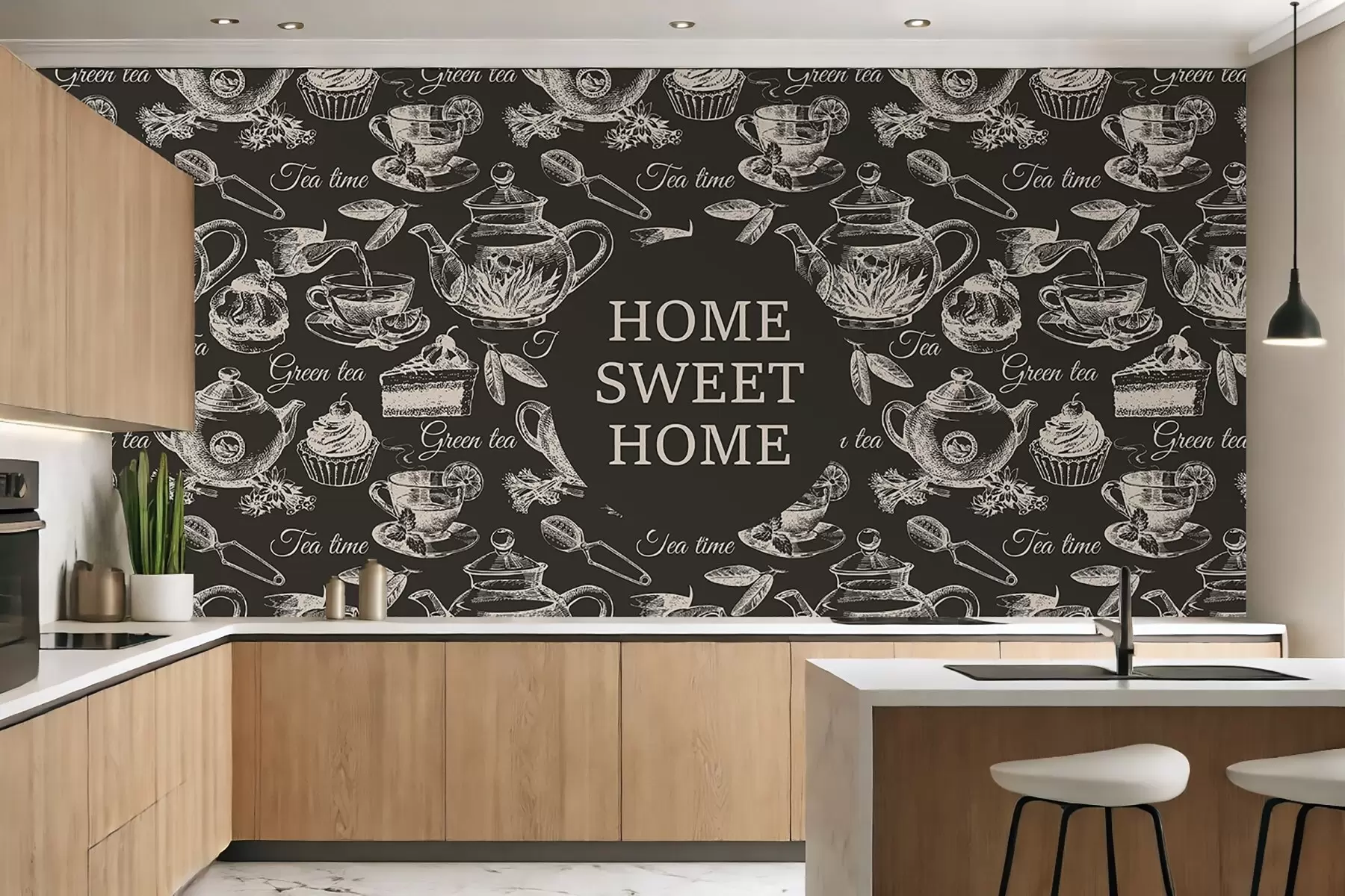 τοιχογραφίες σκούρα ταπετσαρία για την κουζίνα με μπεζ σχέδια w02404