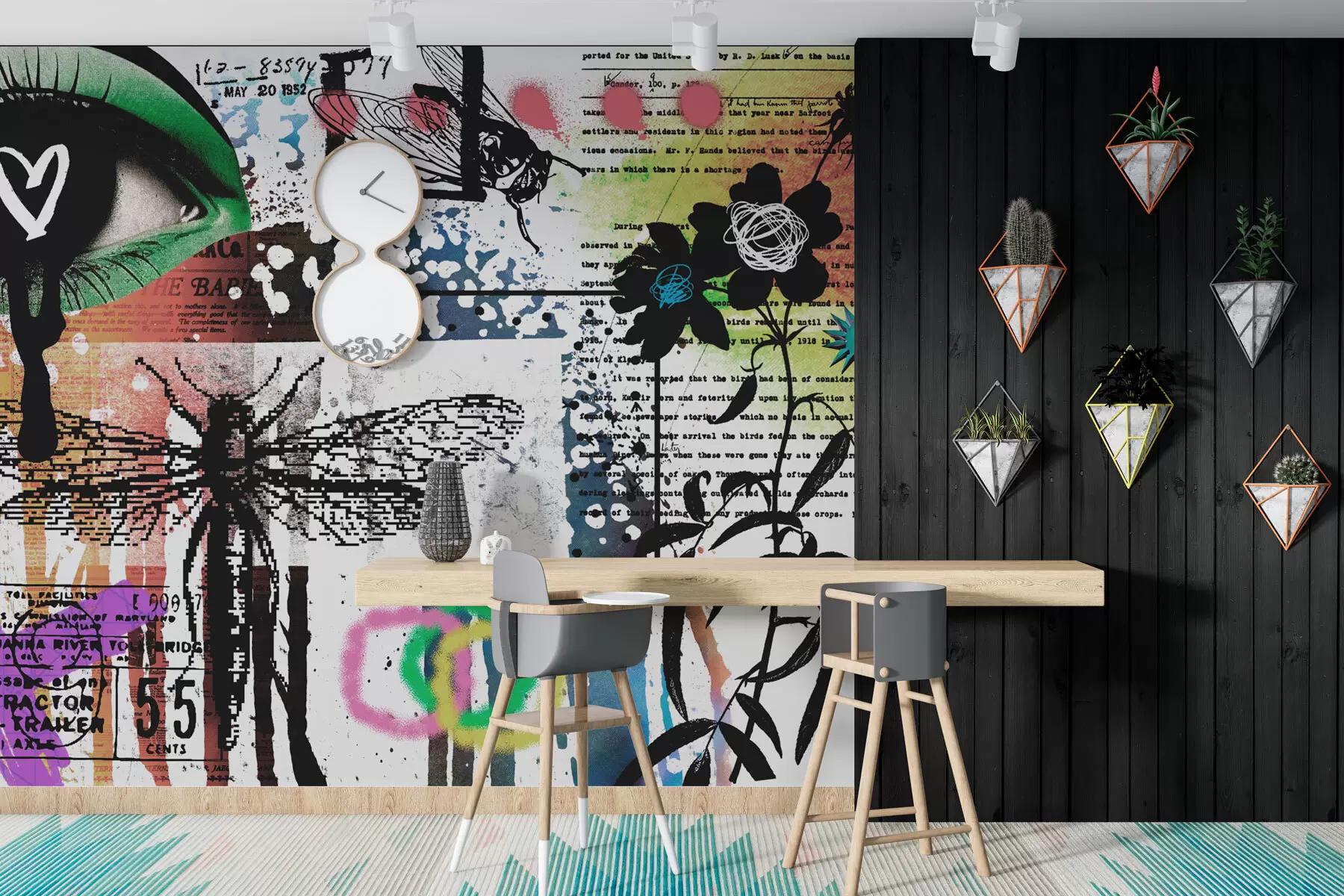 τοιχογραφίες Επιγραφές σε στυλ γκράφιτι, λουλούδια, σχήματα w02255