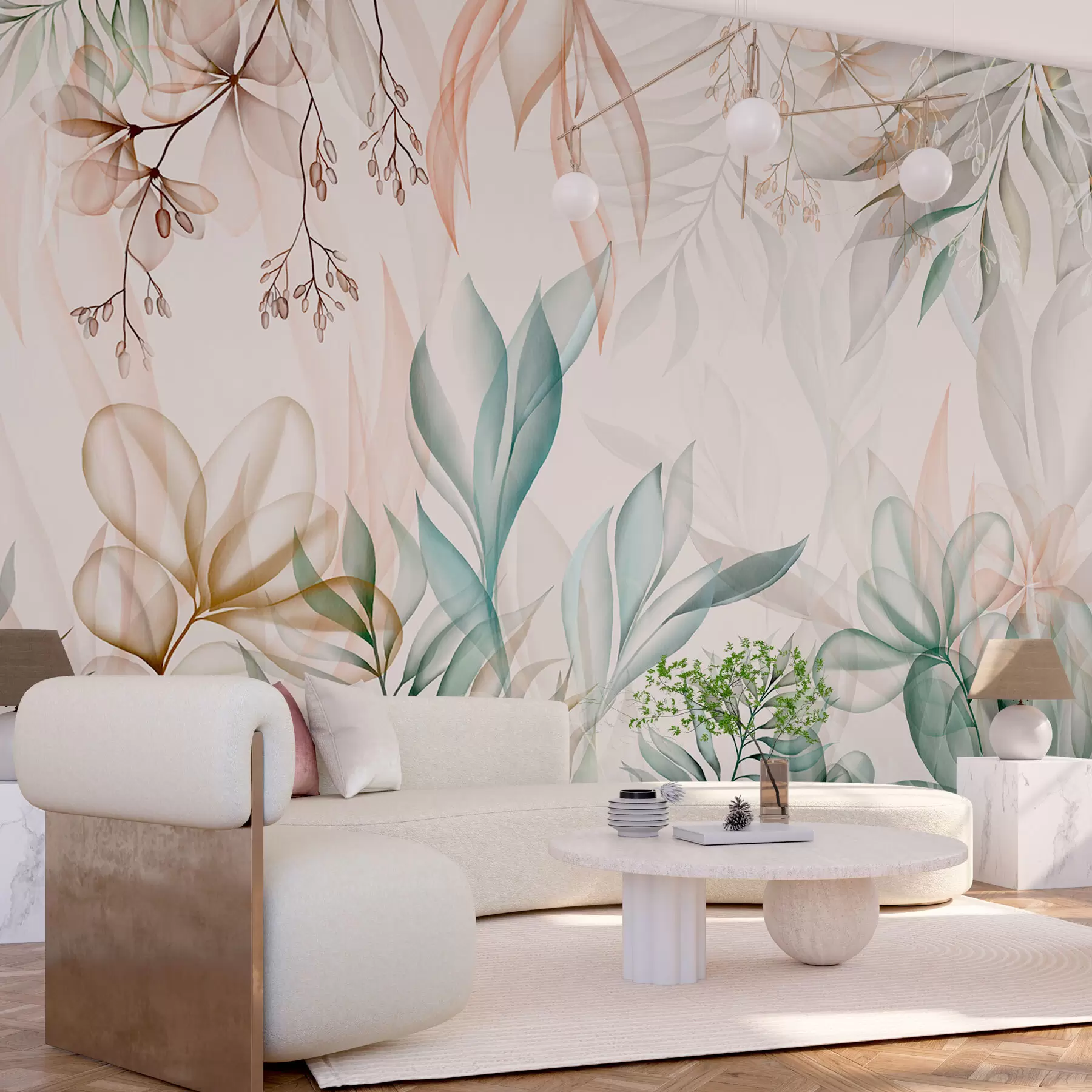 τοιχογραφίες Λεπτό τροπικό φύλλωμα σε παστέλ χρώματα w02316
