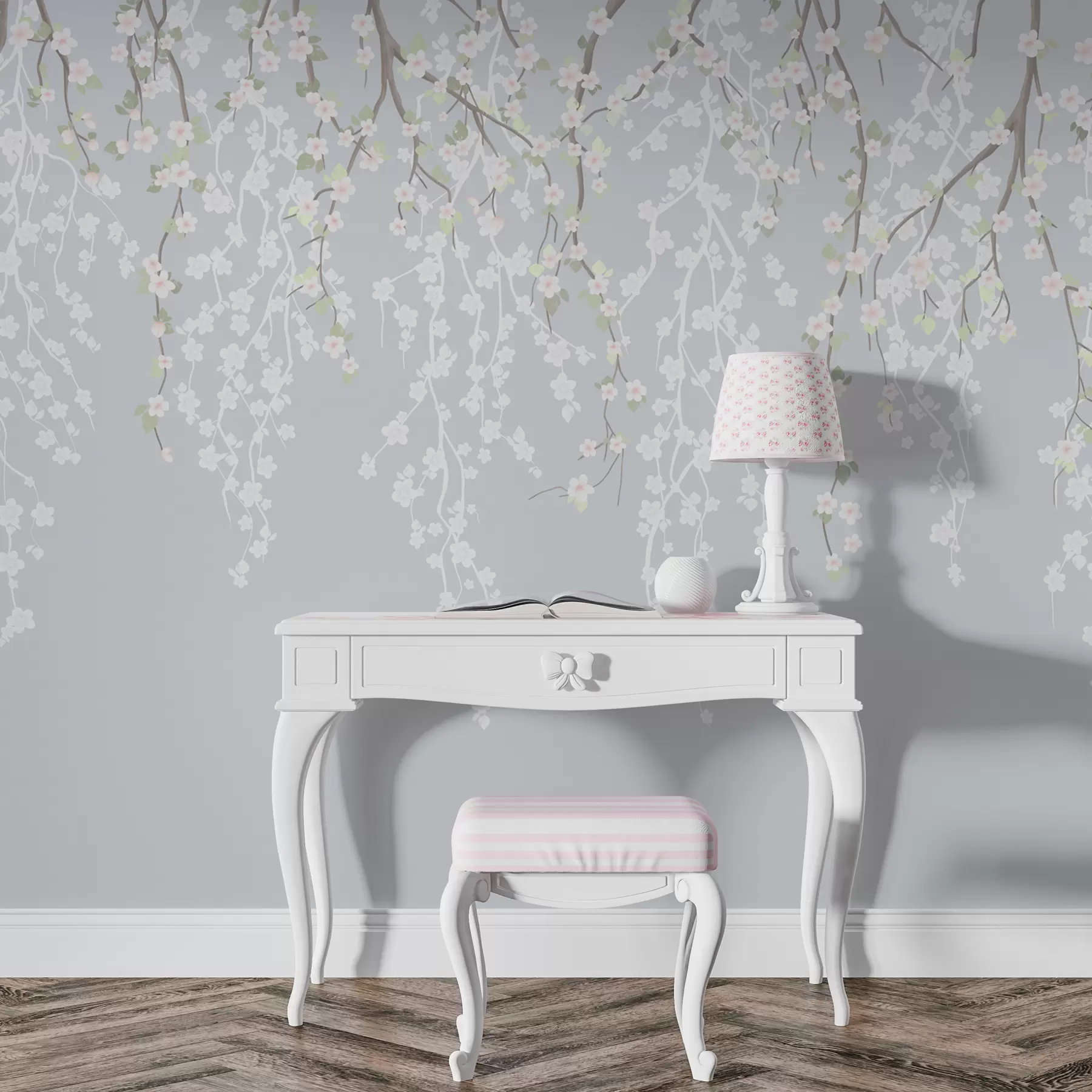 τοιχογραφίες Πτώση λεπτών κλαδιών με λουλούδια σε μπλε φόντο w02479