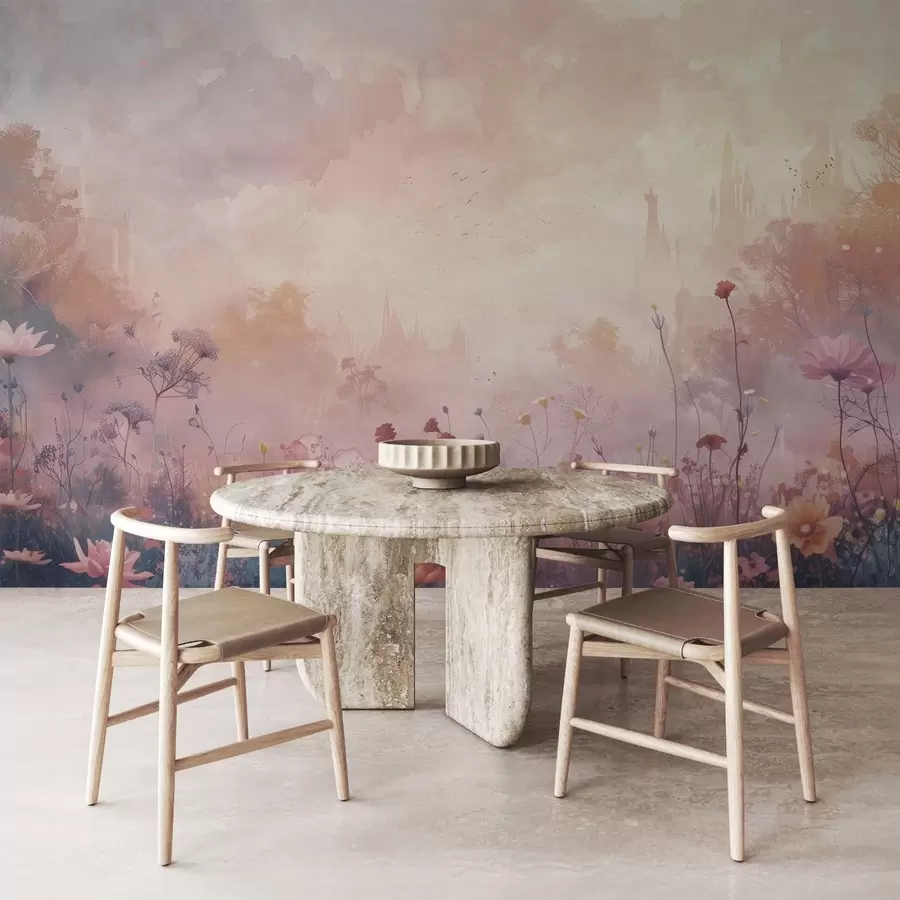 τοιχογραφίες Άγρια λουλούδια σε φόντο σιλουέτα κάστρο w08478