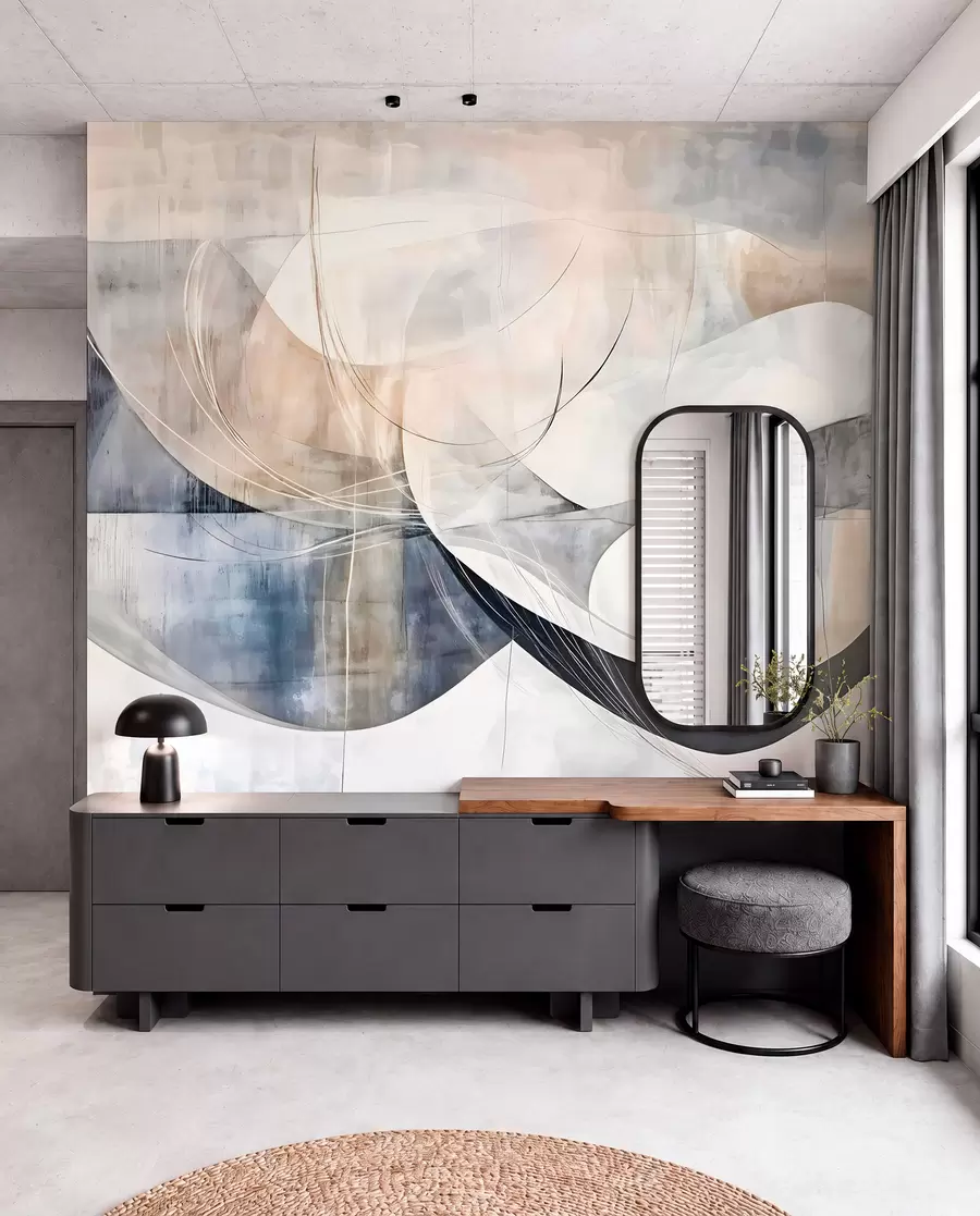 τοιχογραφίες Αφηρημένα σχήματα και μορφές σε αποχρώσεις του λευκού, του γκρι, του μπεζ και του μπλε σε θολό φόντο με υφή w08461