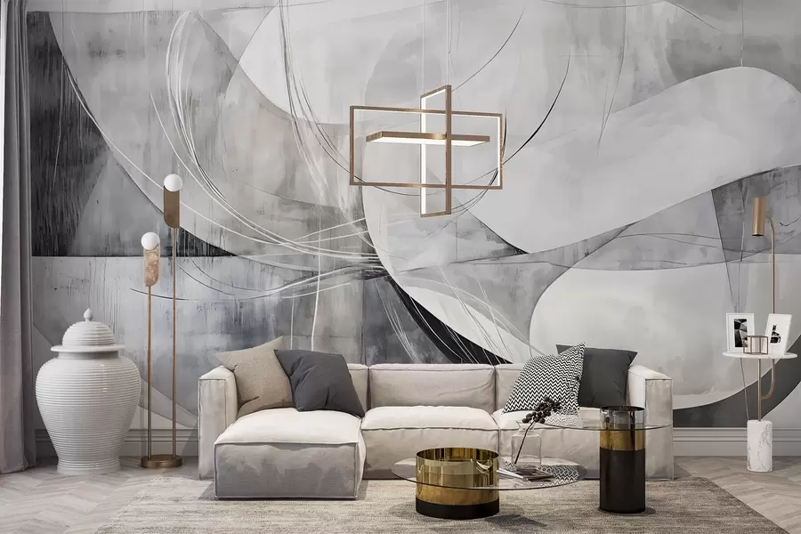 τοιχογραφίες Αφηρημένα σχήματα και μορφές σε αποχρώσεις του λευκού, του γκρι και του μαύρου σε θολό φόντο με υφή w08461v1