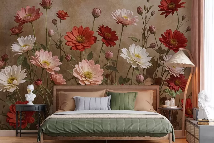 τοιχογραφίες Ένα πεδίο με πολύχρωμα λουλούδια που μοιάζουν με μαργαρίτες σε διάφορες αποχρώσεις του ροζ , του κόκκινου και του λευκού σε φόντο με υφή w08462