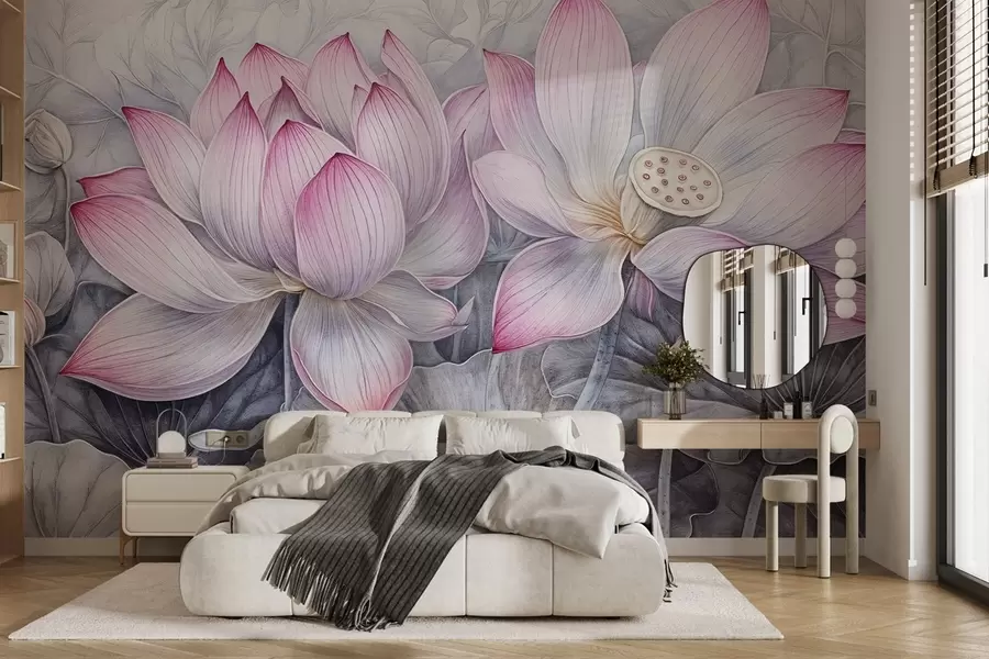 τοιχογραφίες Αρκετά λεπτομερή υφή μεγάλα ροζ λουλούδια λωτού με γκρι-πράσινα φύλλα και μίσχους σε ανοιχτό φόντο w08465