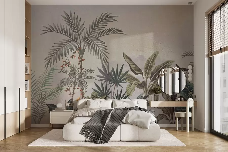 τοιχογραφίες Τροπική ζούγκλα με φοίνικες και πολύχρωμα πουλιά w08496