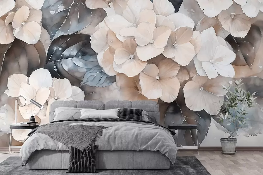 τοιχογραφίες Ορτανσία λουλούδια, υδατογραφία στυλ σχέδιο, μπεζ χρώματα, floral w02488