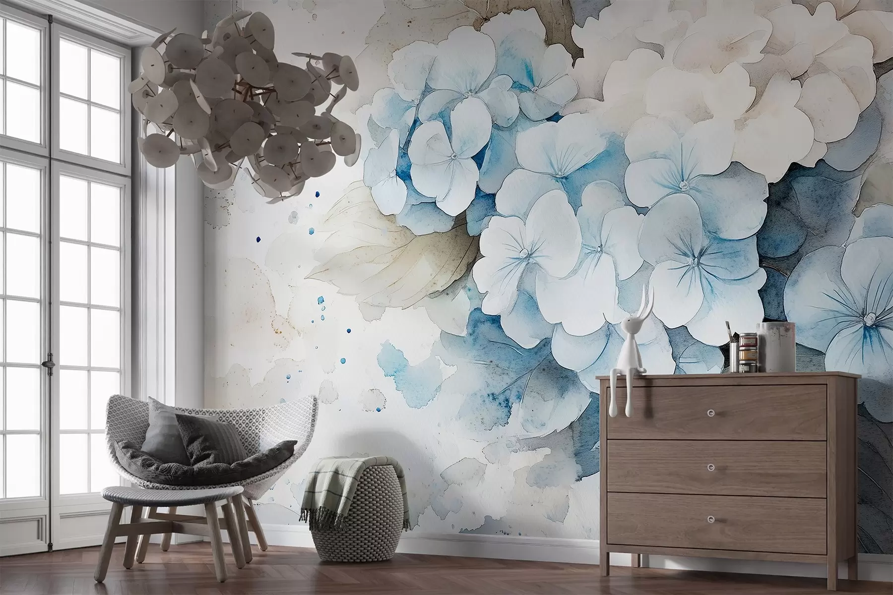 τοιχογραφίες Υδατογραφία με στυλ ακουαρέλας με λουλούδια ορτανσίας και φύλλα, απαλά φυσικά χρώματα w02493