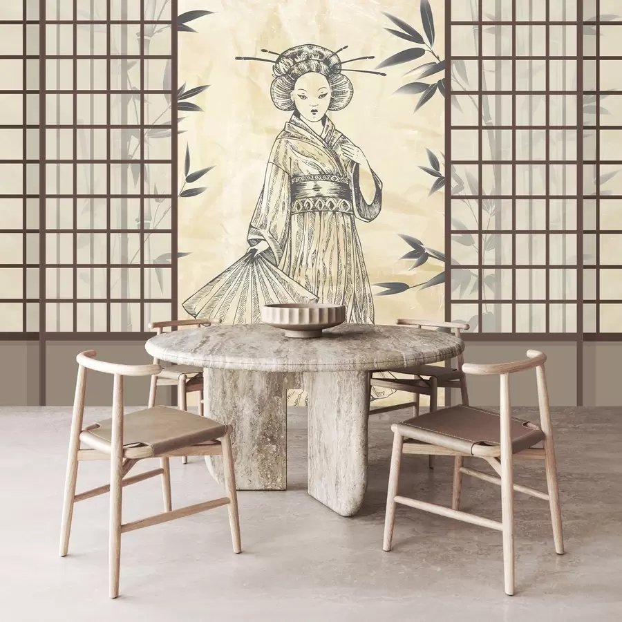 τοιχογραφίες Παλιό σπίτι σε ασιατικό στιλ, κορίτσι με παραδοσιακά ρούχα, άνθη κερασιάς, άνθη κερασιάς, Shoji w02535