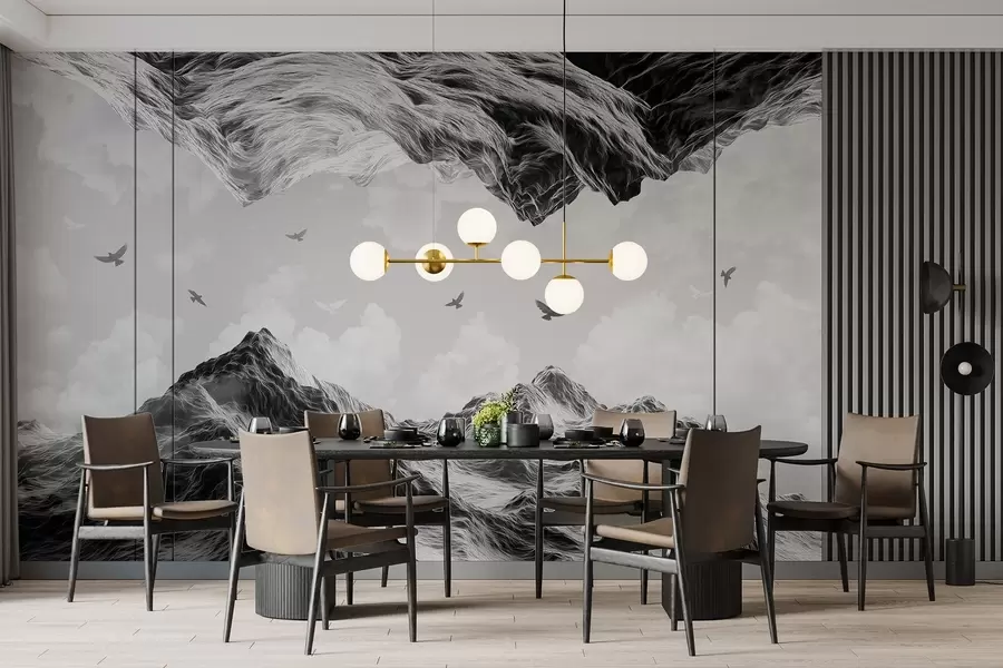 τοιχογραφίες Βουνά τοπίο, ρεαλισμός, πουλιά που πετούν, φύση, σύννεφα, ασπρόμαυρα χρώματα w02514