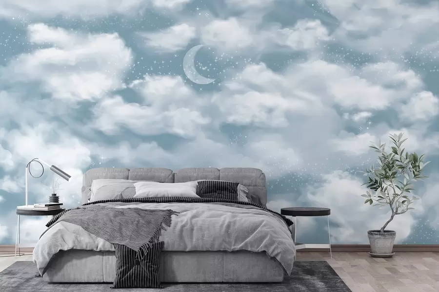 τοιχογραφίες Έναστρος ουρανός με φεγγάρι και σύννεφα, ονειρικό, αιθέριο, απαλά μπλε χρώματα w02515v1