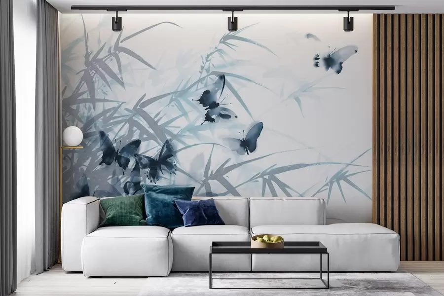 τοιχογραφίες Φύλλα και μίσχοι μπαμπού με ιπτάμενες μπλε πεταλούδες με διαφανή φτερά w08524