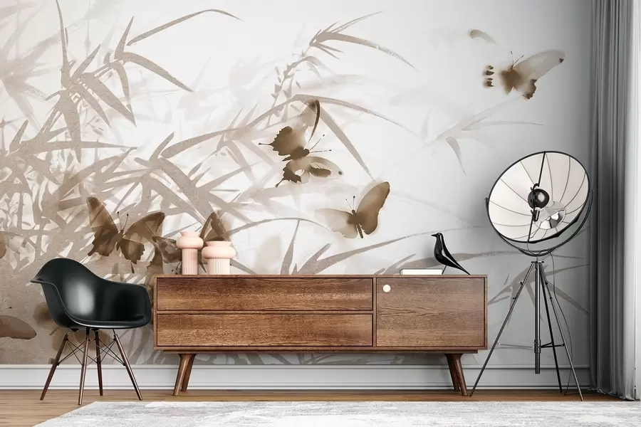 τοιχογραφίες Φύλλα και μίσχοι μπαμπού με πετούμενες καφέ πεταλούδες με διαφανή φτερά w08524v1